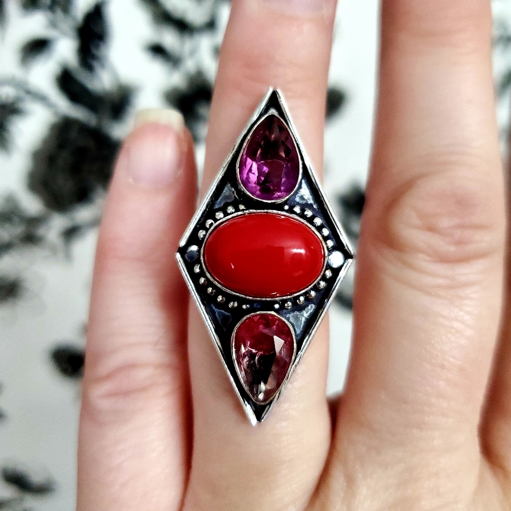 New Coral & Bi-Color Tourmaline 925 Silver Ring.